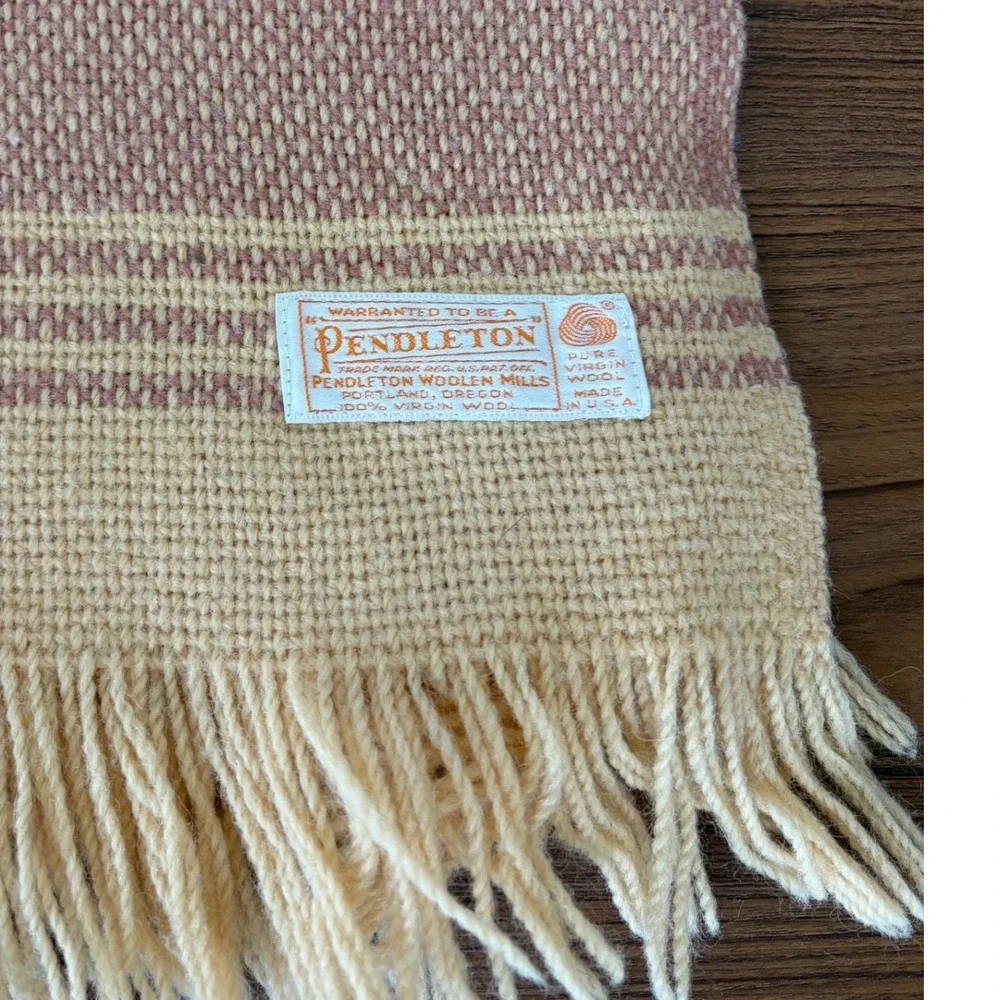 Vintage Pendleton 100% Virgin Wool Throw Blanket Striped Fringe Cream Mauve USA